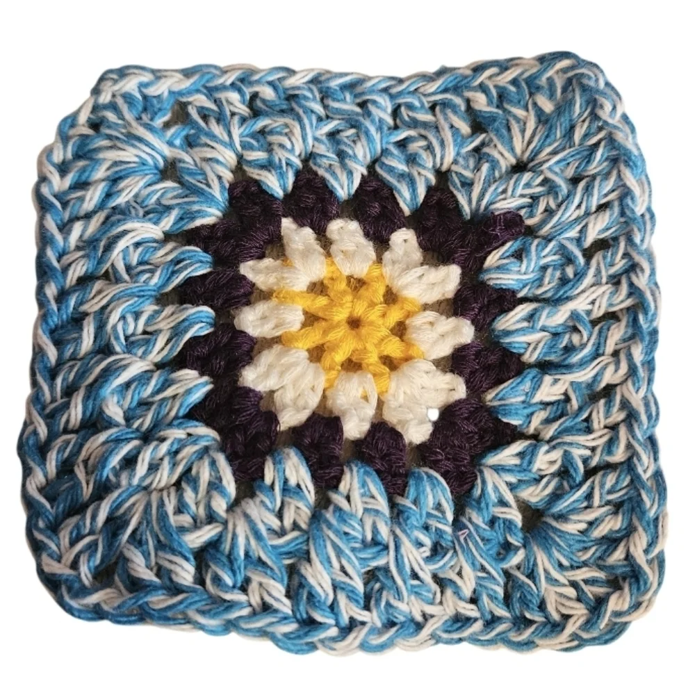 Handmade Turquoise Marl Crochet Granny Square 4-pc Coasters Set 100% Cotton